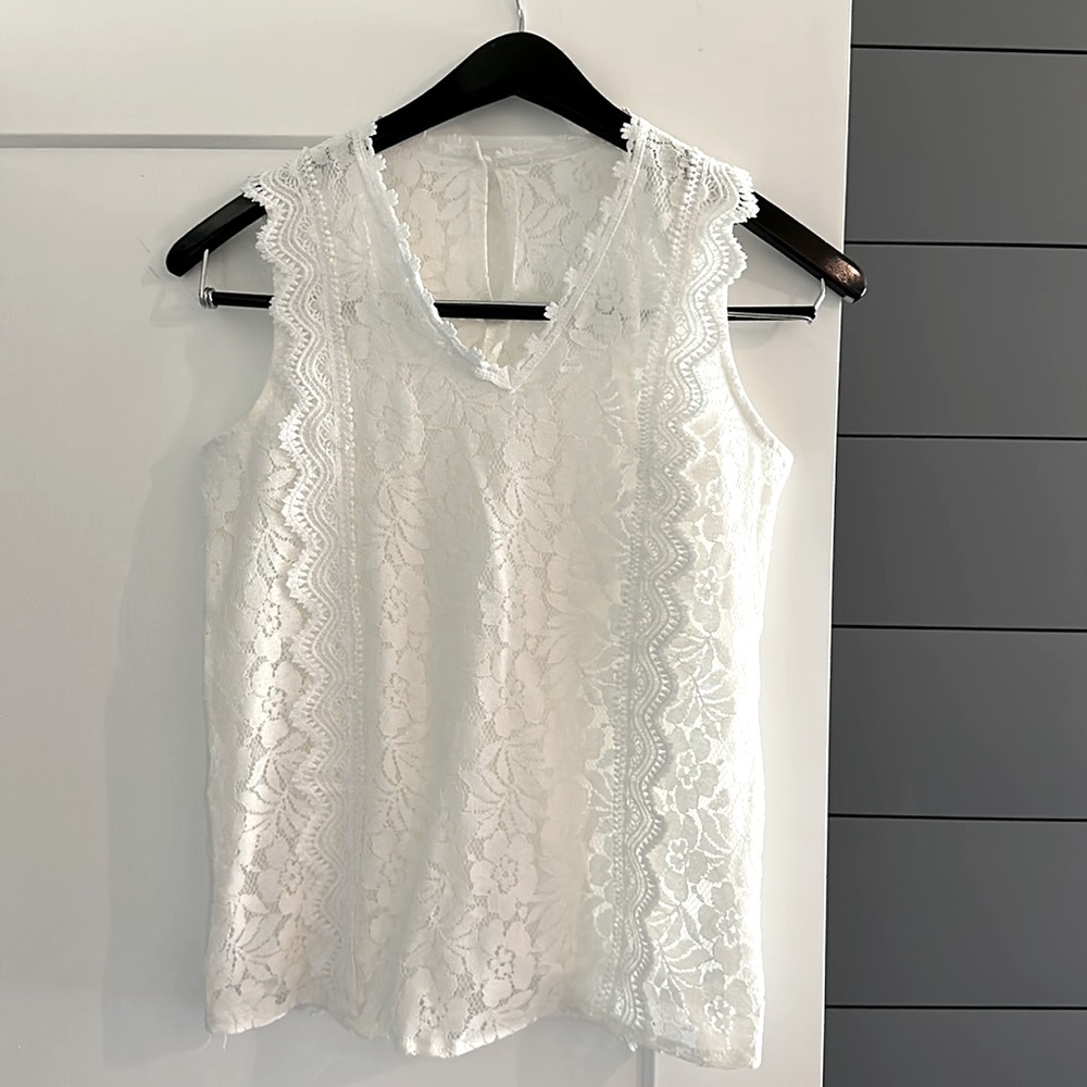 White (off white) lace v neck tank top with back button closure